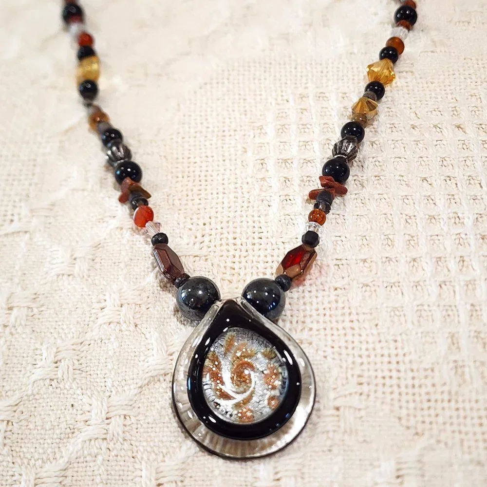 Artisan BOHO Earth Tone Large Blown Glass Swirl Pendant Beaded Long Necklace